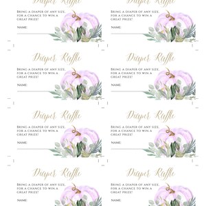 May include: Eight printable diaper raffle tickets with a watercolor pumpkin and greenery design. The text on the tickets reads "Diaper Raffle" and "Bring a diaper of any size. For a chance to win a great prize!" with a line for a name.