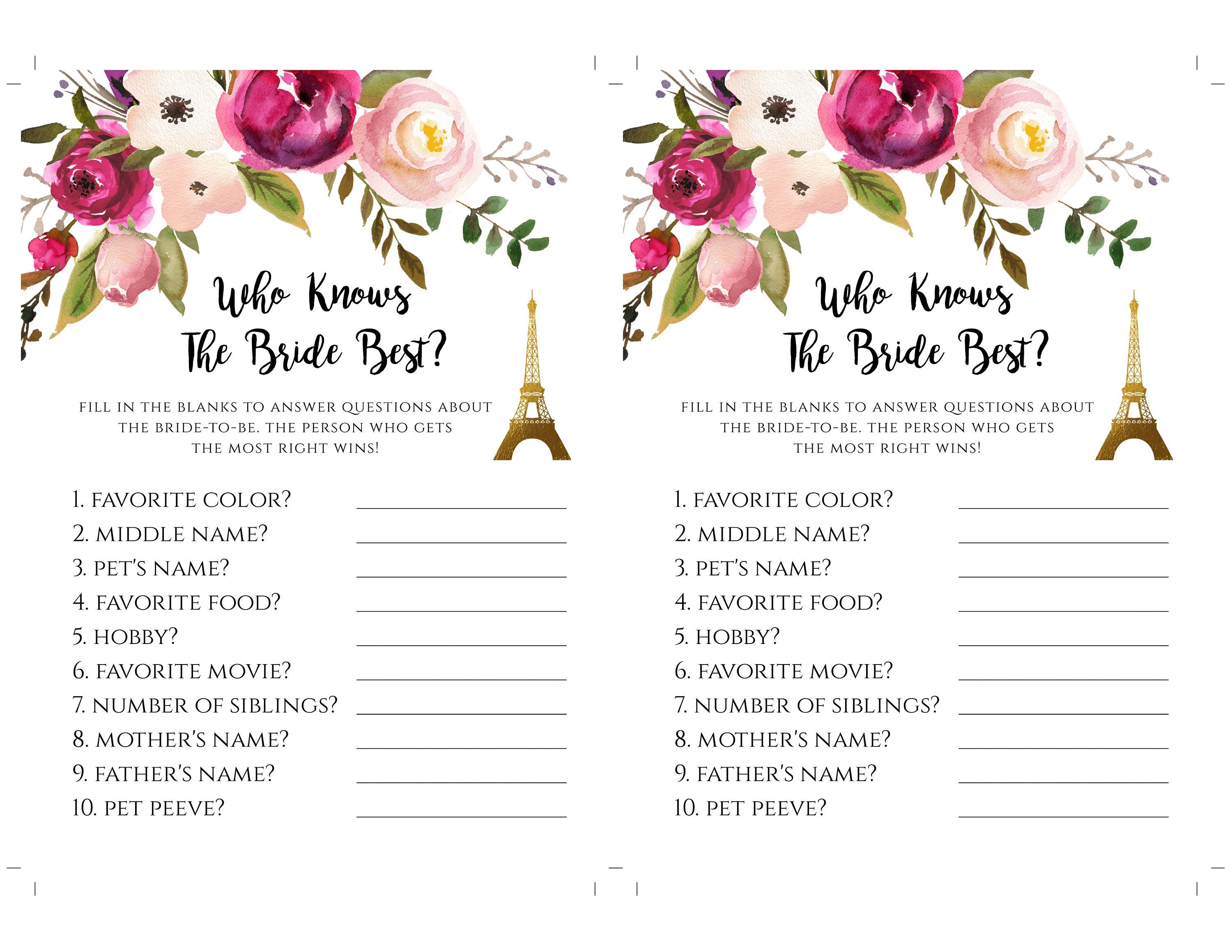 Paris Bridal Shower Game Who Knows Her Best Wedding Shower - Etsy