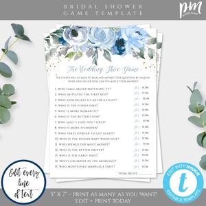 Wedding Shoe Game Template For Bridal Shower, Who Knows The Couple Best, Editable Shower Game, Blue Floral Bridal Shower Activity, BFWS