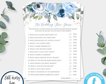 Wedding Shoe Game Template For Bridal Shower, Who Knows The Couple Best, Editable Shower Game, Blue Floral Bridal Shower Activity, BFWS