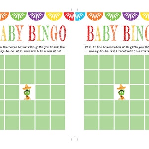 May include: Baby Bingo game cards with a festive Mexican theme. The cards feature the text "Baby Bingo" in colorful letters, with instructions and a grid of green boxes. A cactus wearing a sombrero is in the center.