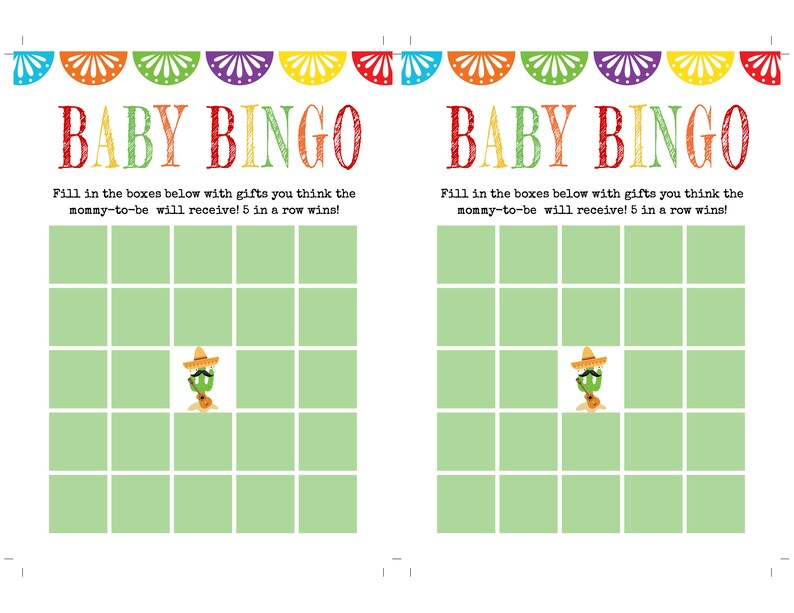 May include: Baby Bingo game cards with a festive Mexican theme. The cards feature the text "Baby Bingo" in colorful letters, with instructions and a grid of green boxes. A cactus wearing a sombrero is in the center.
