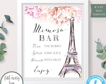 Paris Mimosa Bar Bridal Shower Sign Template, Printable Bar Sign, French Wedding Shower Sign, Eiffel Tower Shower Decor, DIY Drinks Sign WSP