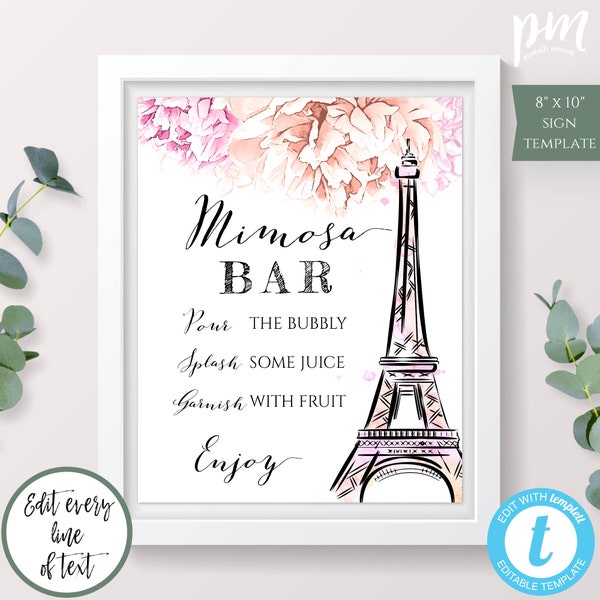 Paris Mimosa Bar Bridal Shower Sign Template, Printable Bar Sign, French Wedding Shower Sign, Eiffel Tower Shower Decor, DIY Drinks Sign WSP
