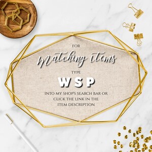 Op de afbeelding: Een gouden geometrisch frame met een beige stoffen achtergrond. De tekst "FOR Matching Items TYPE WSP INTO MY SHOP'S SEARCH BAR OR CLICK THE LINK IN THE ITEM DESCRIPTION" is op de stof gedrukt.