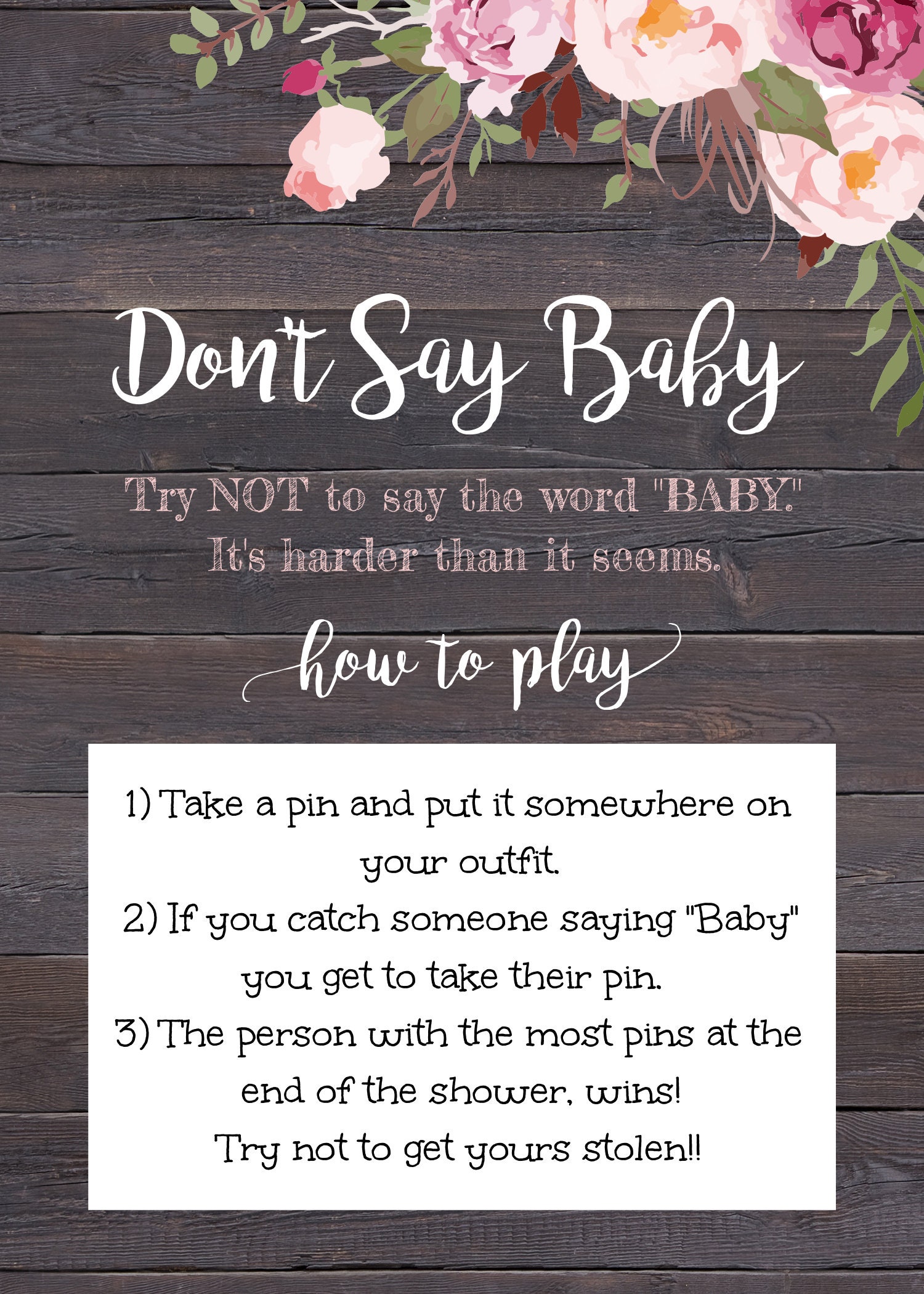 Don't Say Baby Game Template Rustic Floral Baby Shower Etsy