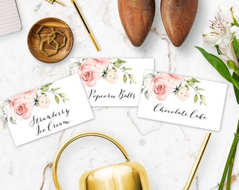 Pink Floral Food Label Tent Fold Card Template, Dessert Table Cards, Baby Shower Decor, Bridal Shower Decor, Birthday Decor, Food Table BSP3