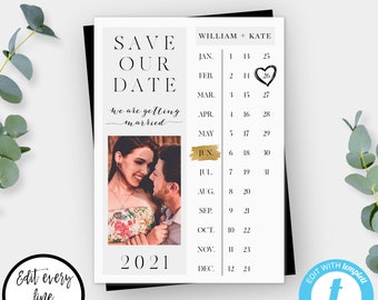 Save The Date Card Template, Save the Date Photo, Printable Save The Date with Calendar, DIY Wedding Card, Editable PDF Instant Download