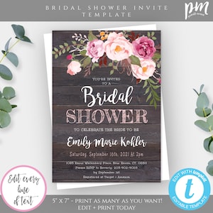 Rustic Floral Bridal Shower Invitation Template, Pink Floral Editable Printable Barn Wood Bridal Shower Invite, Instant Download, WSRF image 1