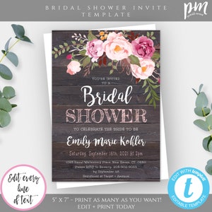 Rustic Floral Bridal Shower Invitation Template, Pink Floral Editable + Printable Barn Wood Bridal Shower Invite, Instant Download, WSRF