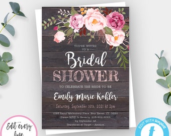 Rustic Floral Bridal Shower Invitation Template, Pink Floral Editable + Printable Barn Wood Bridal Shower Invite, Instant Download, WSRF