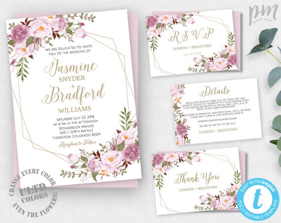 Floral Geometric Wedding Invitation Template Printable DIY ... Floral Geometric Wedding Invitation Template Printable DIY ...