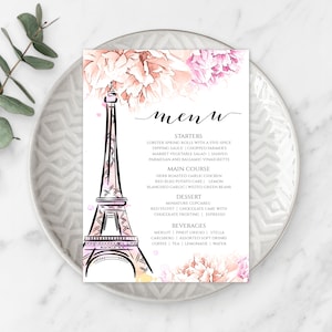 Plantilla de tarjeta de menú de París 5" x 7", menú de comida de la Torre Eiffel, decoración editable DIY de la ducha de boda temática francesa, menú de cena de baby shower, BSPP