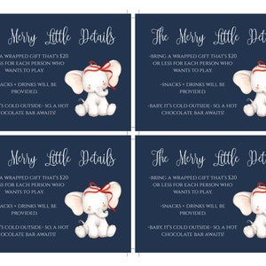 May include: Four blue cards with white text and a white elephant illustration. The text on the cards reads "The Merry Little Details" and includes details about a party, such as bringing a wrapped gift that's $20 or less for each person who wants to play, snacks and drinks will be provided, and a hot chocolate bar awaits.