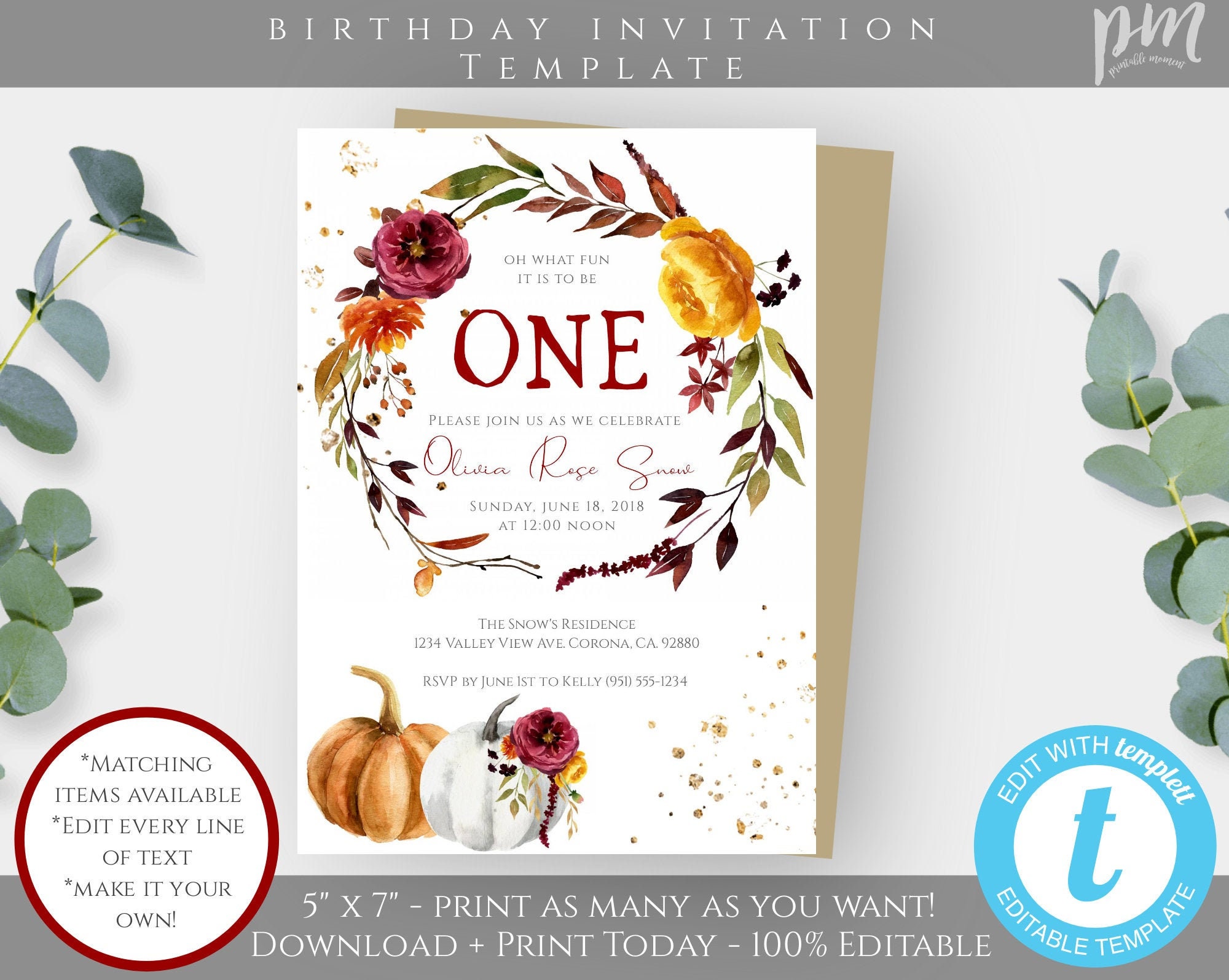 Autumn First Birthday Invitation Template Fall 1st Birthday | Etsy