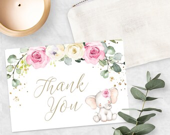 Pink Floral Elephant Thank You Baby Shower Thank You Card Template, Printable Thank You, Editable Template Pink + Gold, Instant Download PES