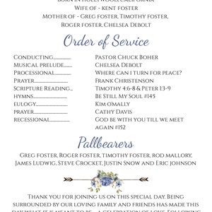 May include: A black and white memorial service order of service for Margaret, born January 9, 1925 and passed away June 18, 2007. The order of service includes the names of the officiant, musicians, and speakers. The service will be followed by a dinner at the church.