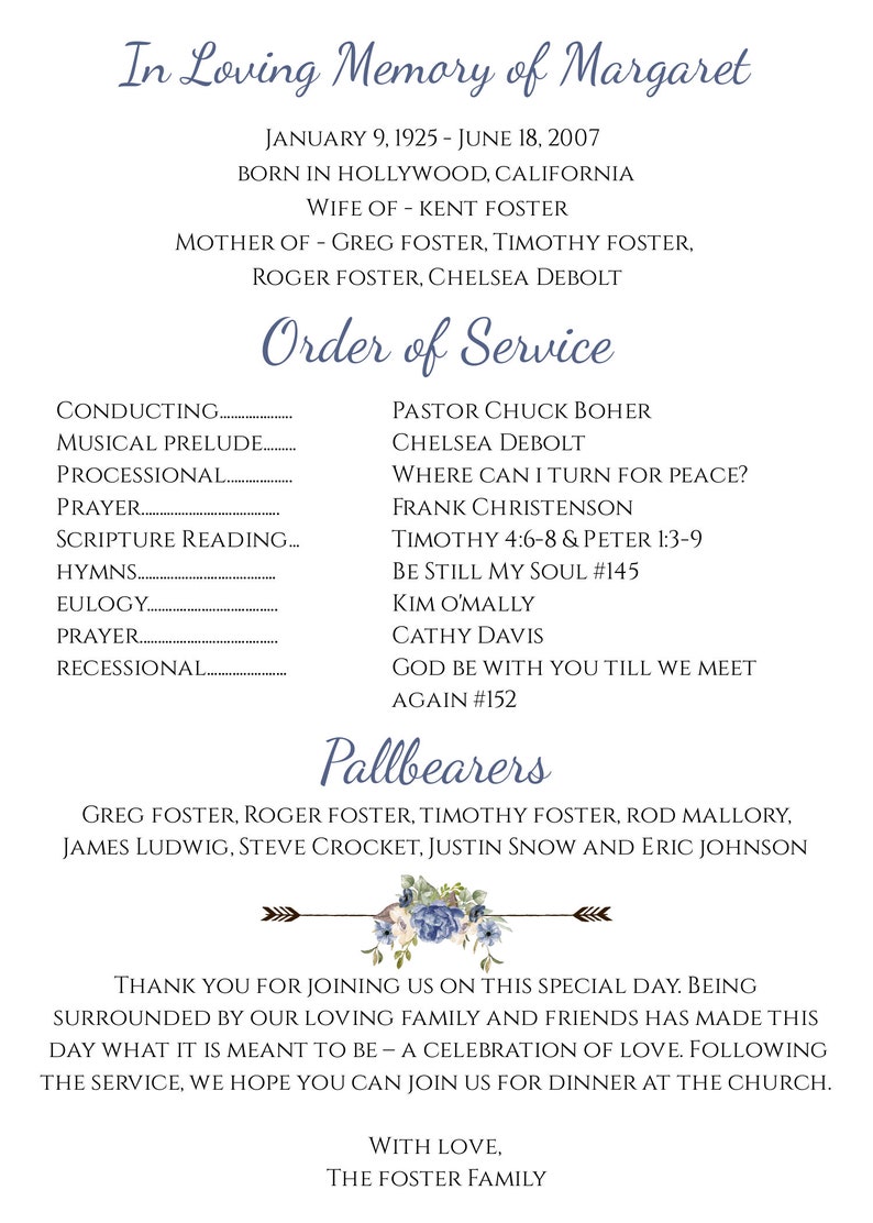 May include: A black and white memorial service order of service for Margaret, born January 9, 1925 and passed away June 18, 2007. The order of service includes the names of the officiant, musicians, and speakers. The service will be followed by a dinner at the church.