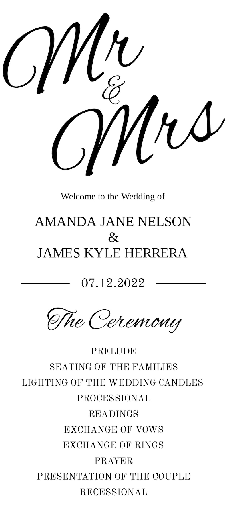 Mr & Mrs Printable Wedding Program Template, Black White Ceremony Program, Clean and Cursive Program, Tea Length Program, Editable image 2