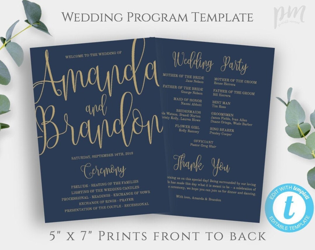 Navy Wedding Program Template, Printable Order of Service, DIY Ceremony ...