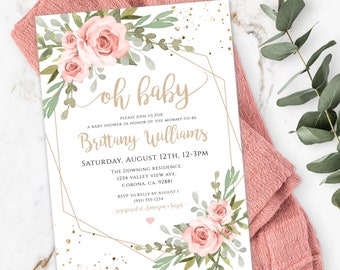 Op de afbeelding: Een babyborrel uitnodiging met een roze en groen bloemenontwerp. De uitnodiging luidt "oh baby" en bevat de naam "Brittany Williams". Het evenement is gepland voor zaterdag 12 augustus van 12.00 tot 15.00 uur in The Downing Residence, 1234 Valley View Ave, Corona, CA 92881. RSVP naar Kelly vóór 1 augustus op (951) 555-1234. De uitnodiging bevat ook de tekst "registered at Amazon + Target".