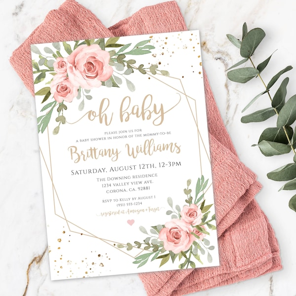 Pink Floral Oh Baby Invitation Template Editable Gold Geometric Baby Shower Invite With Watercolor Blush Pink Flowers Printable Invite BSBG