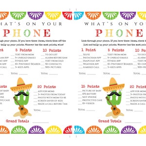 May include: Two game sheets with the text "What's on Your Phone" and a list of items to check off for points. A cartoon cactus wearing a sombrero and playing a guitar is in the center. Colorful decorative border.