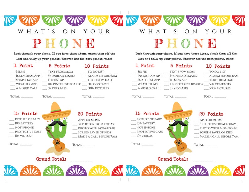 May include: Two game sheets with the text "What's on Your Phone" and a list of items to check off for points. A cartoon cactus wearing a sombrero and playing a guitar is in the center. Colorful decorative border.