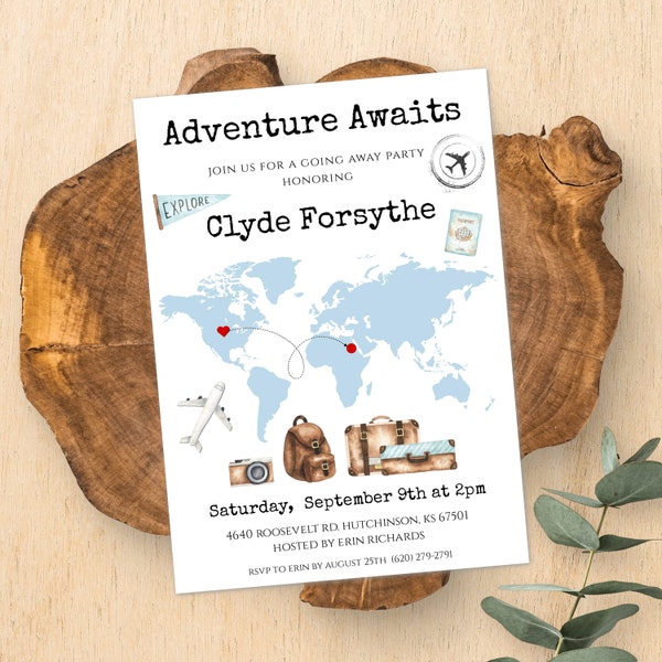 World Map Invitation Template, Adventure Awaits Going Away Party Invite, Moving Party Invite, Bon Voyage Party, Missionary Farewell Invite