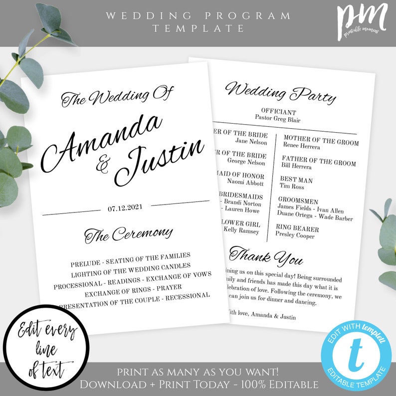 May include: A printable wedding program template with a black and white design. The template includes the wedding ceremony details, wedding party information, and a thank you message. The text is editable and can be customised for any wedding.