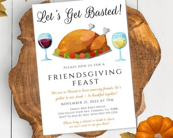 Let's Get Basted Friendsgiving Invitation Template for Thanksgiving Dinner, Printable Funny Thanksgiving Dinner Invite, Turkey Invitation