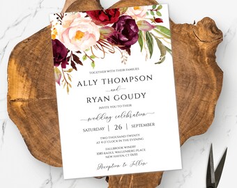 Burgundy Blush Wine Marsala Wedding Invitation Template, Editable Rustic Wedding Invitation, DIY Boho Wedding Invite, Watercolor Invite WBMB