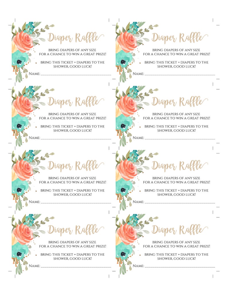 May include: Eight printable diaper raffle tickets with a floral design in shades of peach, teal, and yellow. The text on the tickets reads "Diaper Raffle" and includes instructions for guests to bring diapers to the baby shower.