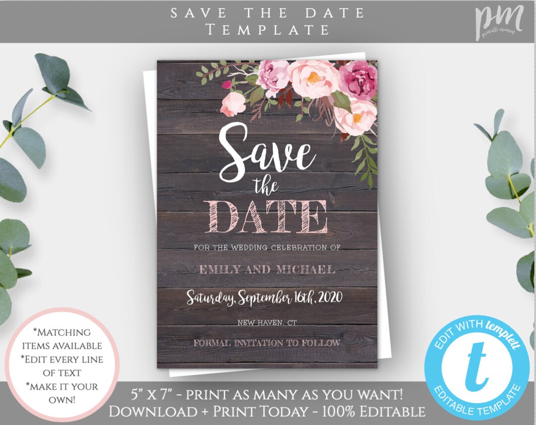 Rustic Wedding Save the Date Template, Printable Pink Floral Wedding ...