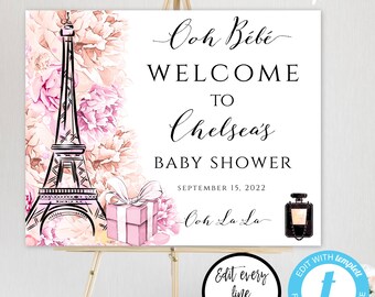 Eiffel Tower Paris Baby Shower Welcome Sign Template, Pink DIY Welcome Poster, Instant Download, Editable Welcome, 20 x 16 BSPP