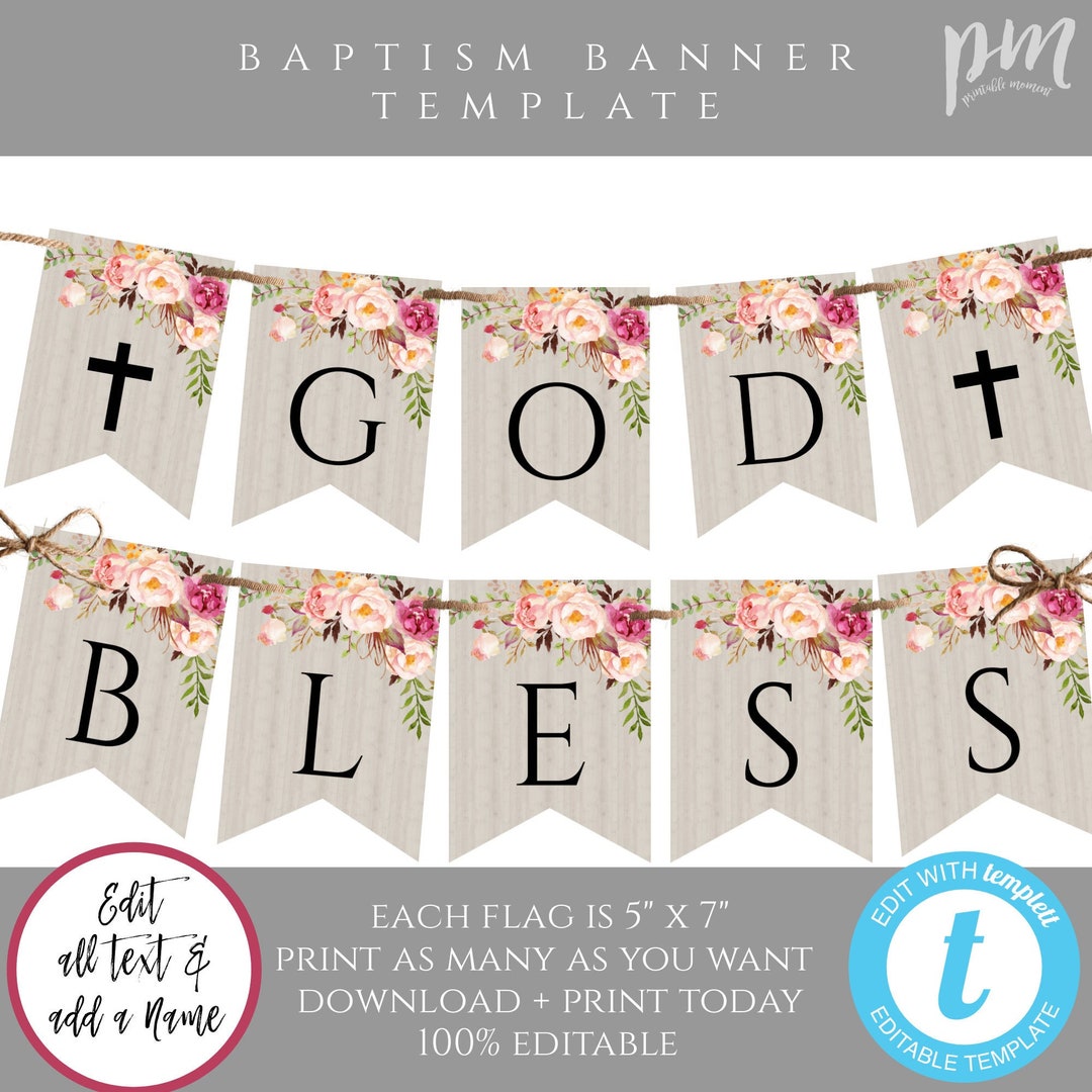 FLORAL God Bless Banner Template, Bunting Flag Banner for Baptism for ...