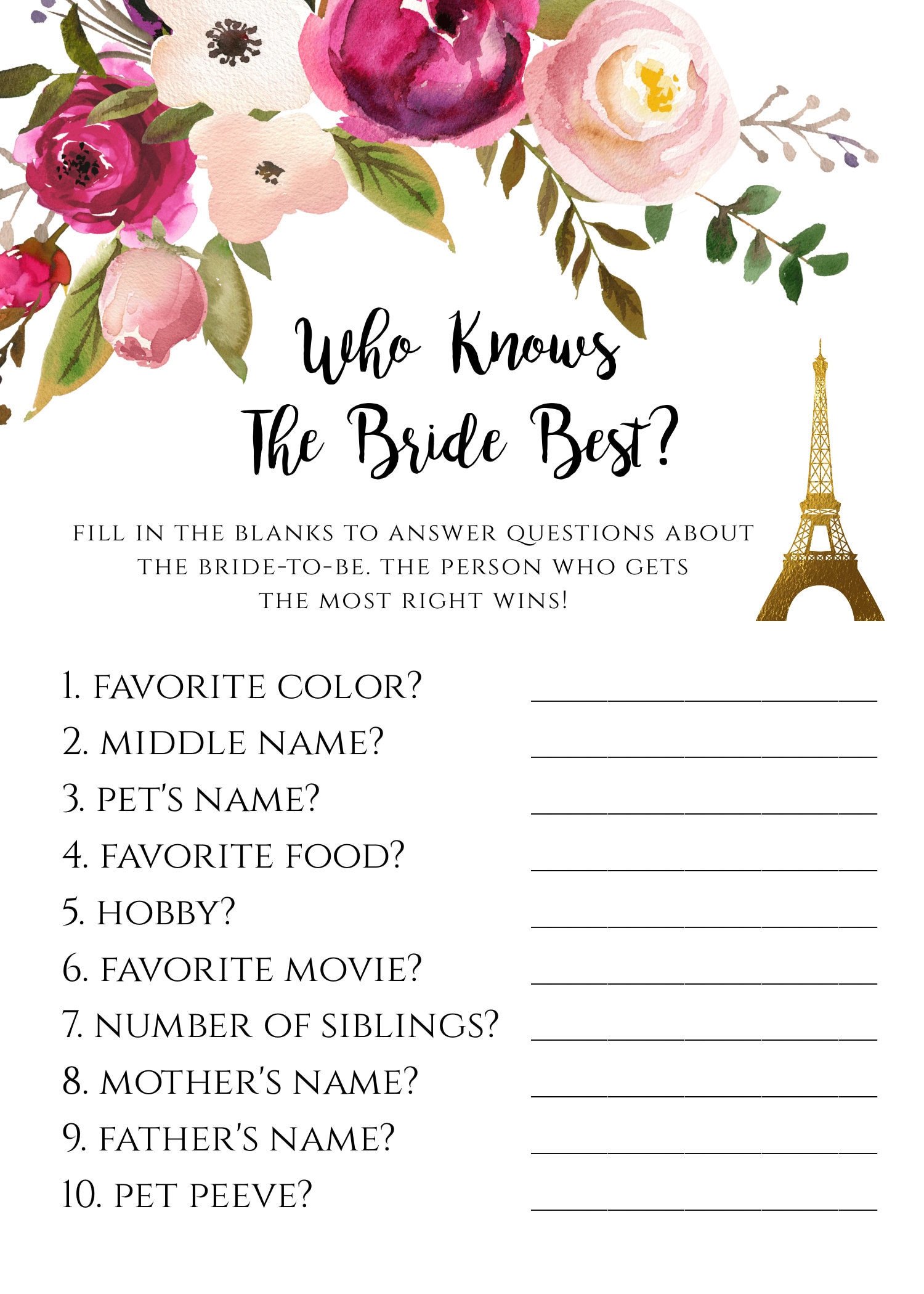 Paris Bridal Shower Game Who Knows Her Best Wedding Shower | Etsy
