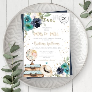 Traveling from Miss to Mrs Invitation Template, Blue Floral Bridal Shower, Printable Travel Shower, Editable Suitcase Invite, World Map, TB
