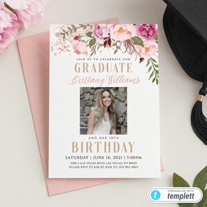May include: A graduation invitation card featuring a floral header with pink and white peonies, a central photograph of a person with long blonde hair, and text reading: JOIN US TO CELEBRATE OUR GRADUATE BRITTANY WILLIAMS AND HER 18TH BIRTHDAY.