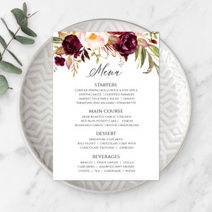 Modello di menu di nozze bordeaux, menu stampabile per cena, menu cena di nozze modificabile, scheda menu, menu floreale rosso, 5" x 7" WBMB