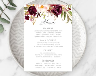 Modello di menu di nozze bordeaux, menu stampabile per cena, menu cena di nozze modificabile, scheda menu, menu floreale rosso, 5" x 7" WBMB
