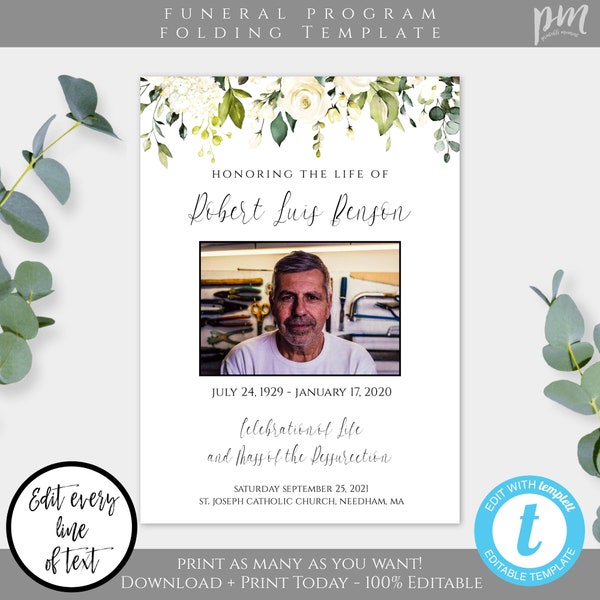 Men's Funeral Program Template, Catholic Funeral Program, Greenery Memorial Service Program, Printable Order Of Service, Editable Program