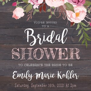 Rustic Floral Bridal Shower Invitation Template, Pink Floral Editable Printable Barn Wood Bridal Shower Invite, Instant Download, WSRF image 3