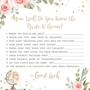 Traveling From Miss to Mrs How Well Do You Know The Bride and Groom Game Template, Editable Pink Floral Bridal Shower Game, Suitcase, TBSP image 3