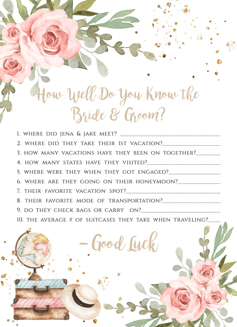 Traveling From Miss to Mrs How Well Do You Know The Bride and Groom Game Template, Editable Pink Floral Bridal Shower Game, Suitcase, TBSP image 3