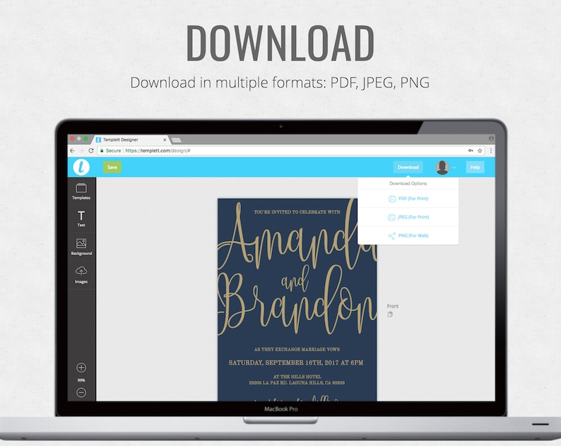 Puede incluir: La pantalla de un ordenador port&aacute;til que muestra una plantilla de invitaci&oacute;n de boda con los nombres Amanda y Brandon en escritura dorada sobre un fondo azul oscuro. La pantalla muestra una opci&oacute;n de descarga con los formatos de archivo PDF, JPEG y PNG.
