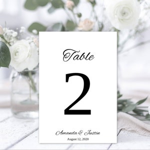 May include: White card with black text that reads "Table 2 Amanda & Justin August 12, 2020".