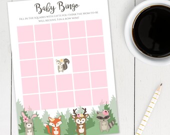 May include: A pink and white baby bingo card with a woodland animal theme. The card has a grid of squares with images of a squirrel, rabbit, fox, deer, and raccoon. The text "Baby Bingo" is at the top of the card. The text "Fill in the squares with gifts you think the mom-to-be will receive. 5 in a row wins!" is below the title.