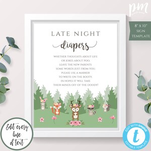 Woodland Animal Girl Baby Shower Late Night Diapers Game Sign Template, Printable Forest Animal Baby Shower Activity, Editable Template BSW3