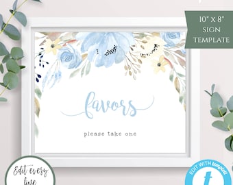 Blue Floral Boy Baby Shower Favors Sign Template, Shower Favors Sign, Rustic Floral Shower, Instant Download, DIY Editable Template, BSBF